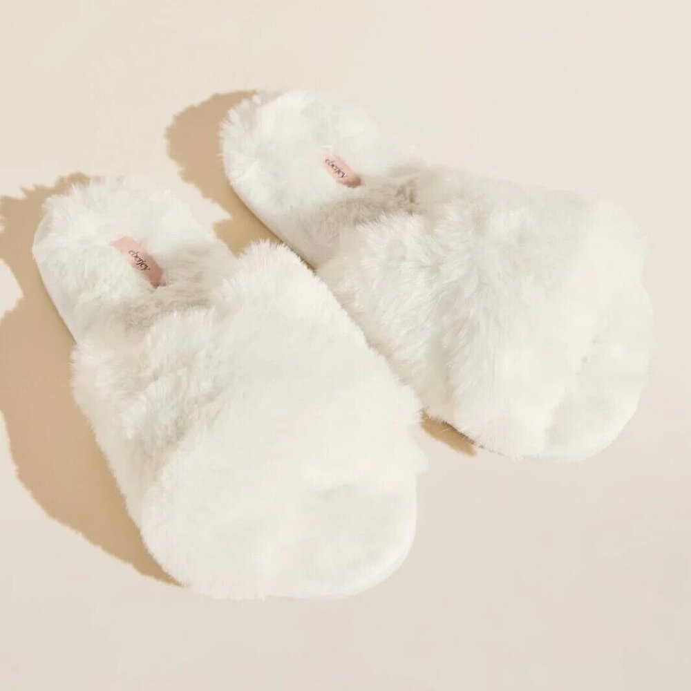 Eberjey Cross Band Slippers Soft Fur Plush Ivory Slippers S NWT White slippers